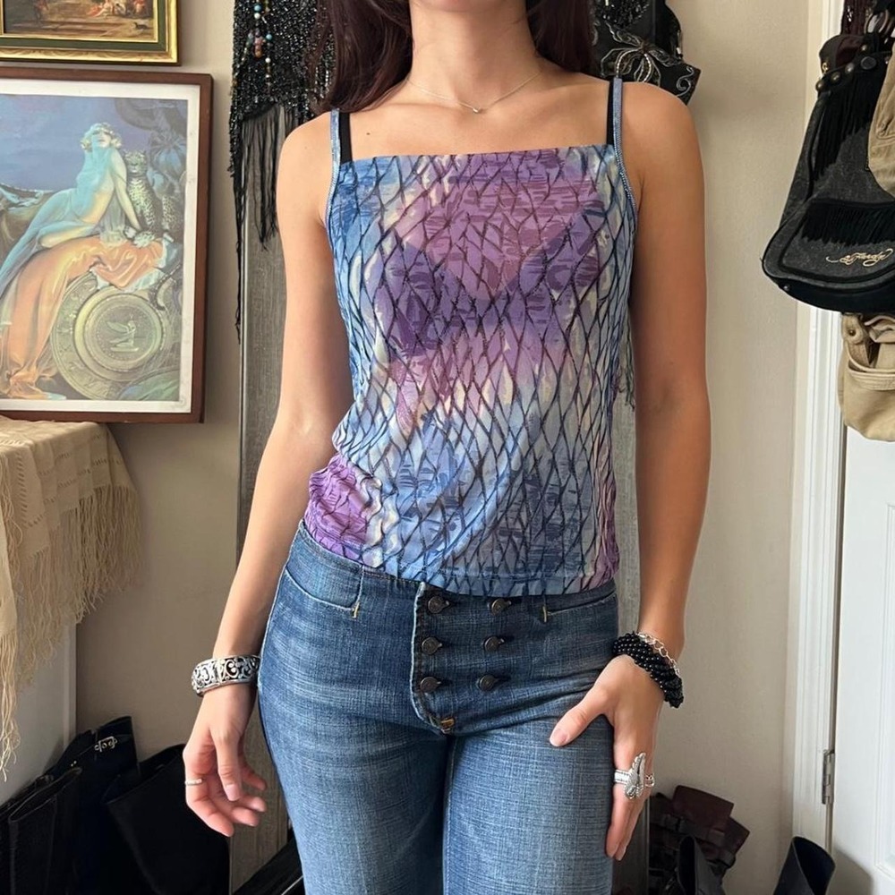 Argentovivo Purple Blue Mesh Tank Top Sparkly Straps Y2K Euro Fairycore Size 44